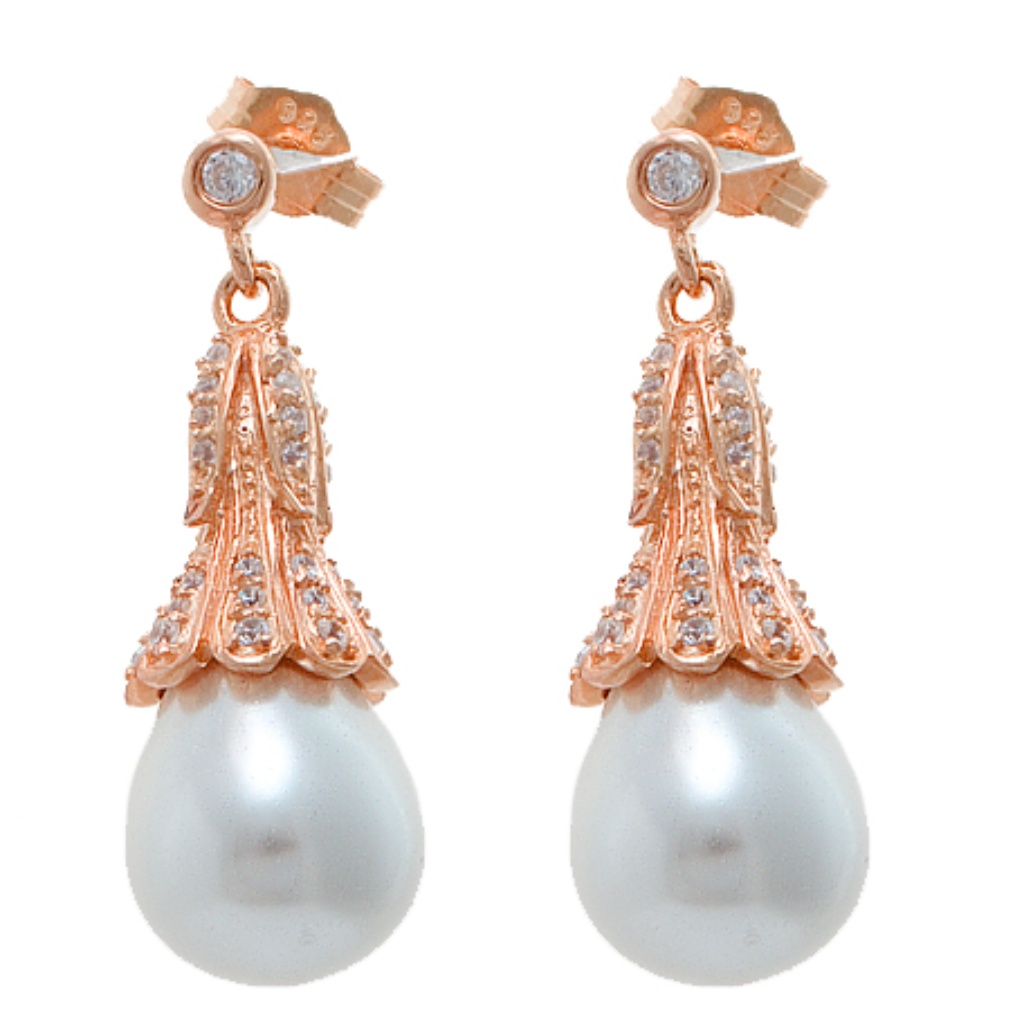 New Rose Gold On Sterling Pearl Drop Cz Earrings